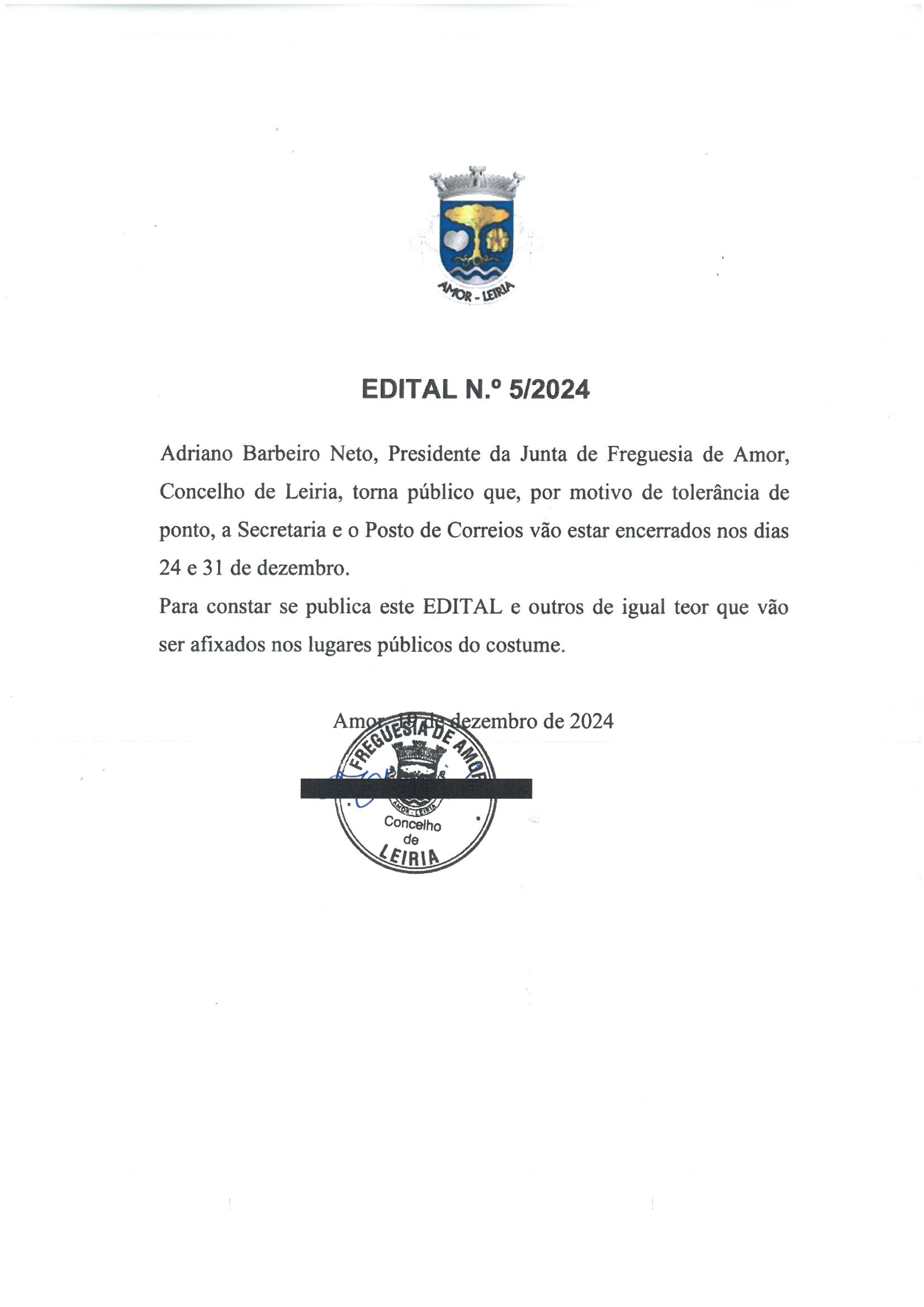 Imagem Tolerância de Ponto - Encerramento secretaria da Junta de Freguesia e posto de correios, dias 24 e 31 de dezembro.