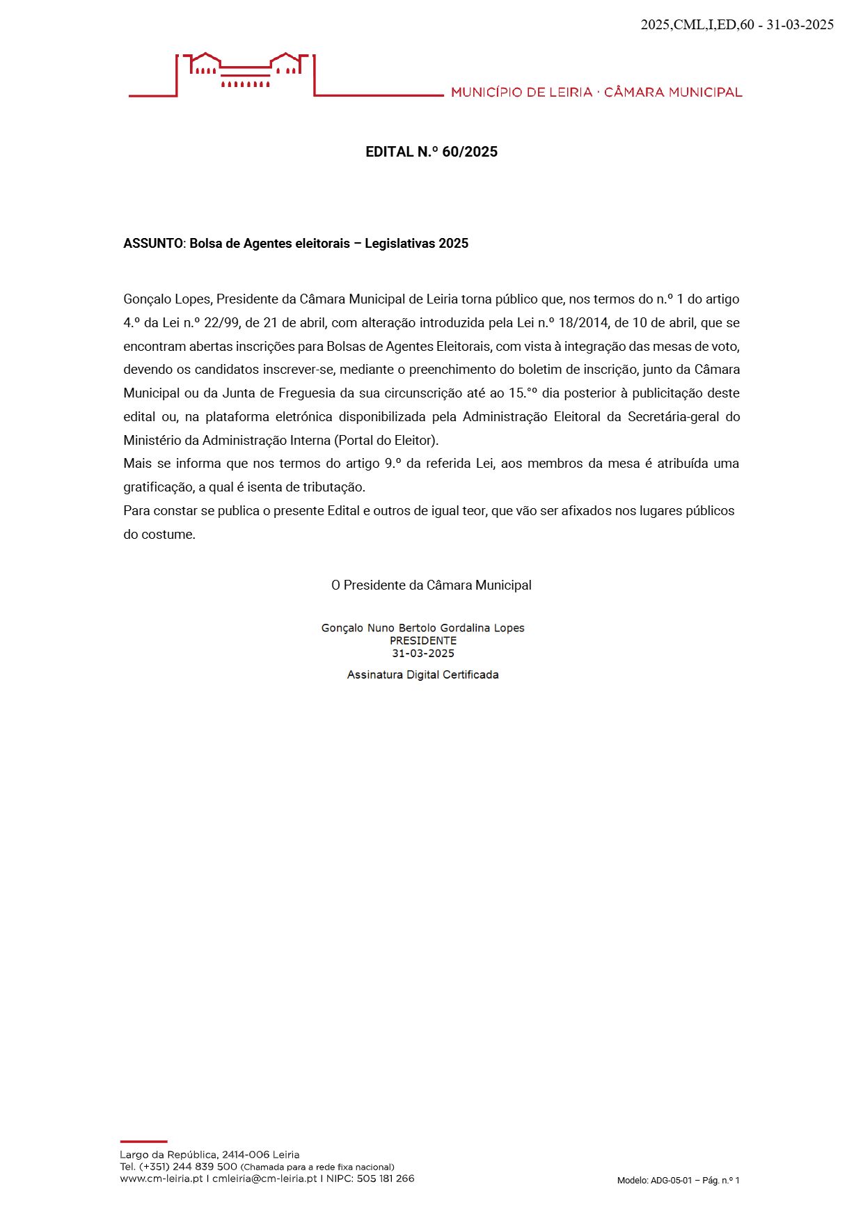 Imagem Bolsas de Agentes Eleitorais Legislativas 2025 - Edital n.º 60/2025 do Município de Leiria